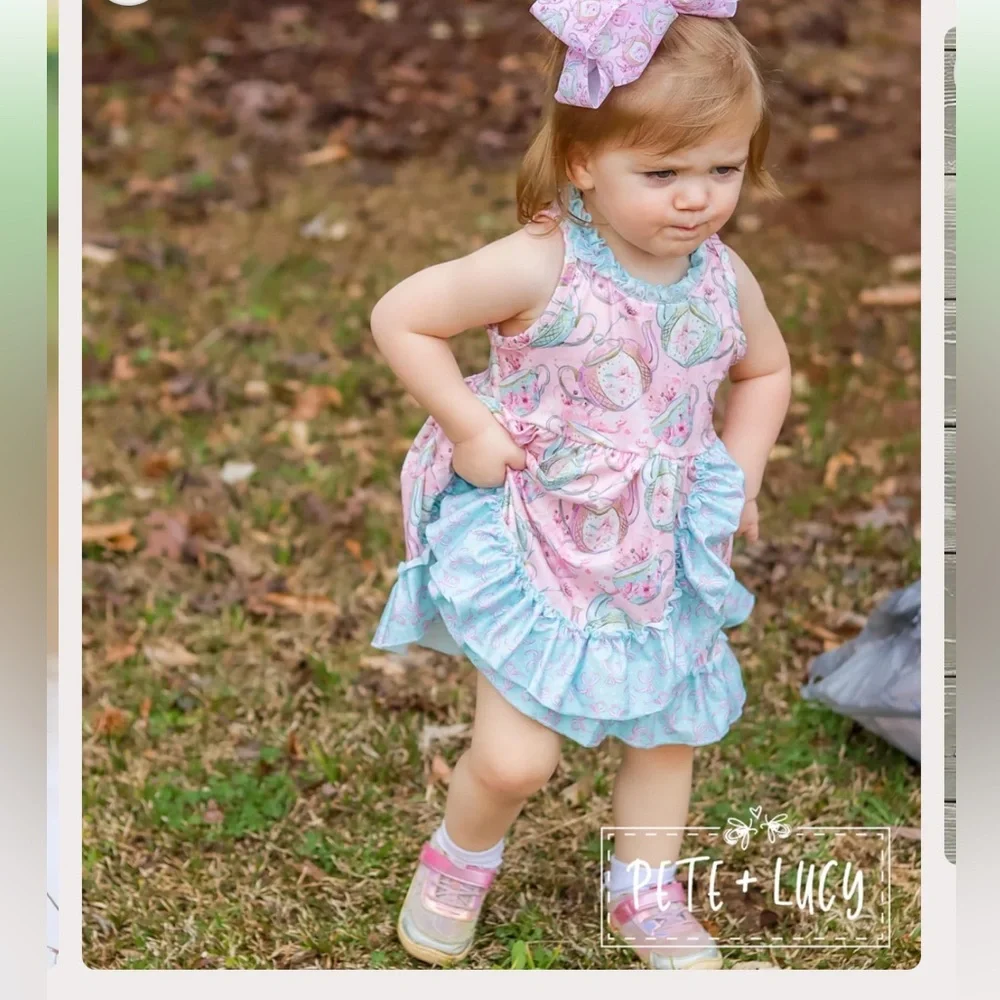 Pete + Lucy Cherry Blossom Tea Party Dress Pink &  Blue Ruffle Dress, Size 6
